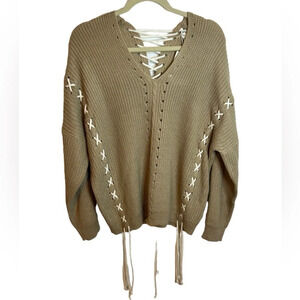 NWT MIRACLE BEIGE LACE UP OVERSIZED SWEATER